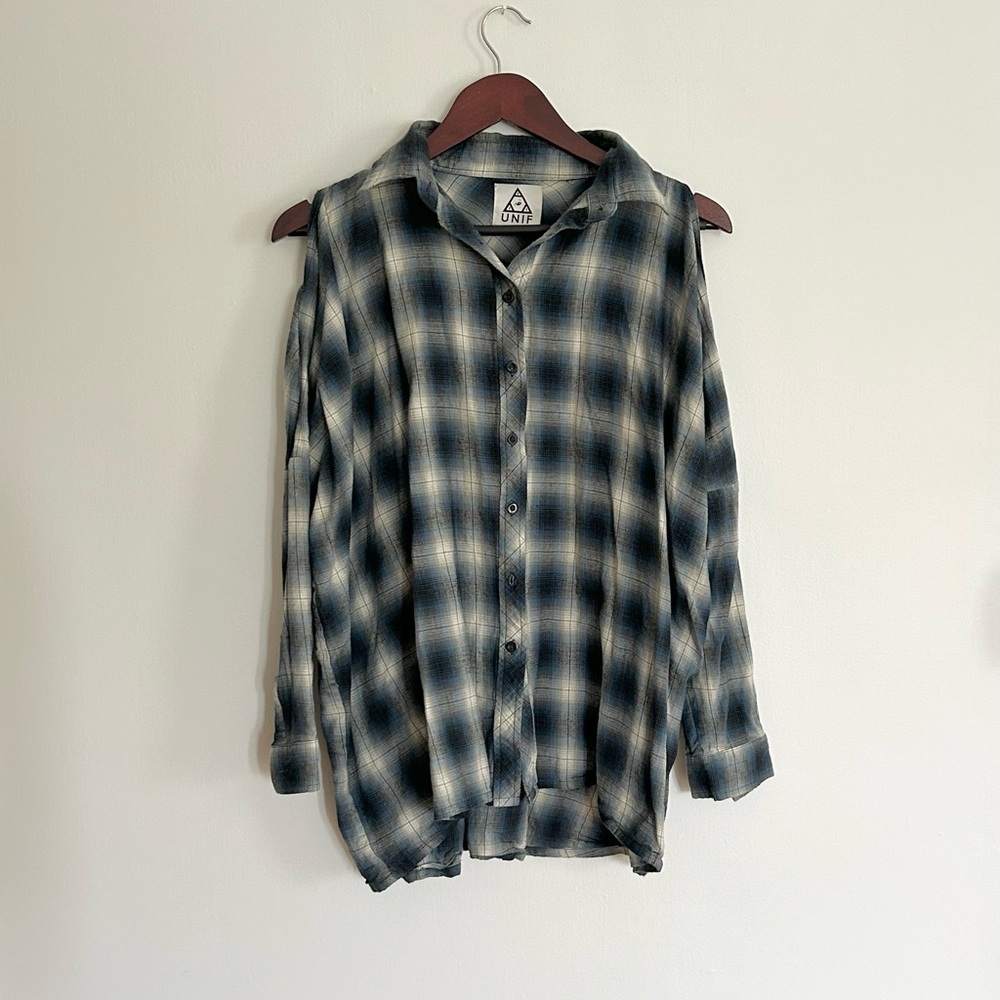 Unif Oversized Plaid Open-Shoulder Top - image 3